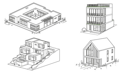 Obraz premium Minimalist Architectural Sketches of Modern Contemporary Homes in Black and White Line Art Style