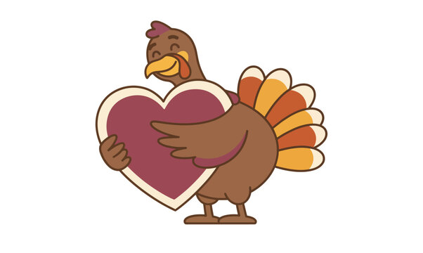 Cartoon turkey embracing a red heart shape vector illustration on a white background