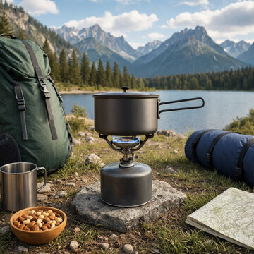 Camping stove with cooking pot on a rock near a scenic mountain lake meal prep travel gear national park gas stove portable stove mountain range nature travel wilderness survival