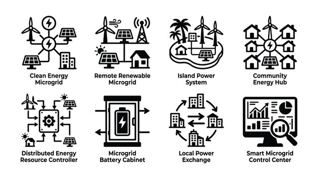 Energy Grid Concepts: A collection of icons illustrating various renewable energy microgrid systems and smart grid concepts, including solar panels, wind turbines, and energy distribution networks.