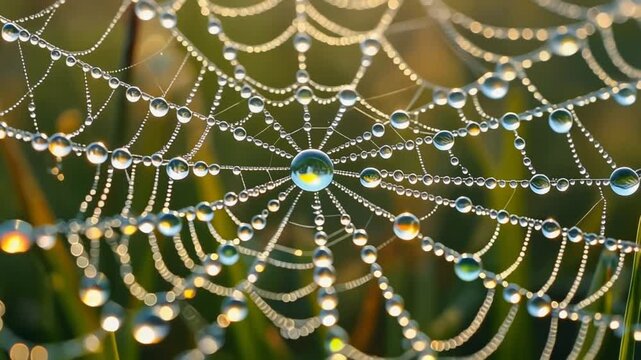 Dew drops on spider web macro video. Glistening water droplets on intricate cobweb structure at sunrise. Sparkling morning moisture in garden setting for nature documentaries and tranquil b-roll.