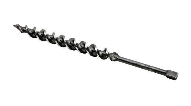 A close up view of a traditional metal spiral boring tool used for creating deep holes in timber projects with a square shank for hand brace tools