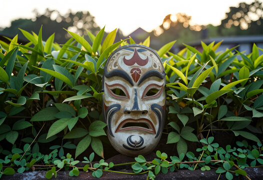 Cultural heritage and tradition traditional theatrical mask in nature asian performing arts and folklore ritual object in garden at sunset