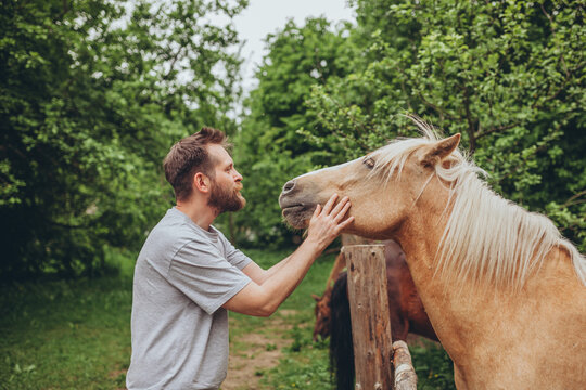 Bearded man gently petting Polesian forest horse in lush green garden. Trust, connection with nature, friendship, kindness, eco-tourism,  animal therapy, sustainable living.