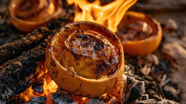 Sticky cinnamon rolls baking inside an orange rind over campfire coals, creative camp food
