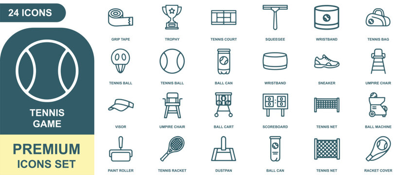 Tennis game icon sheet featuring 24 outline of equipment, including rackets, balls, nets, scoreboards, and umpire chairs