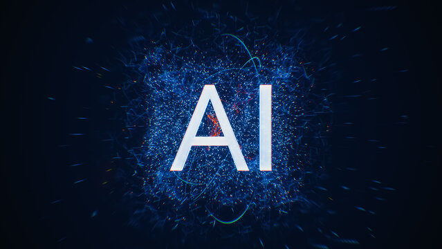 Glowing White Ai Letters Standing at the Centre of a Dense Blue Particle Cloud, Ringed by Plexus Lines, Orbiting Light Trails and Streaking Sparks That Radiate Outward Across a Dark Navy Backdrop.