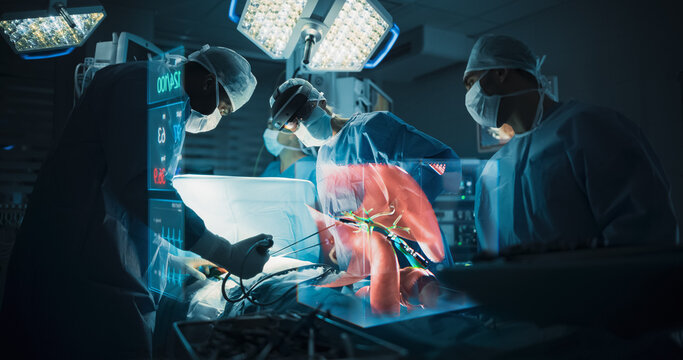 In a Futuristic Hospital, Surgeons Utilize  Holographic Technology to Enhance Precision in Organ Surgeries, Transforming Chronic Disease Management With Innovative Medical Solutions and Biotechnology.