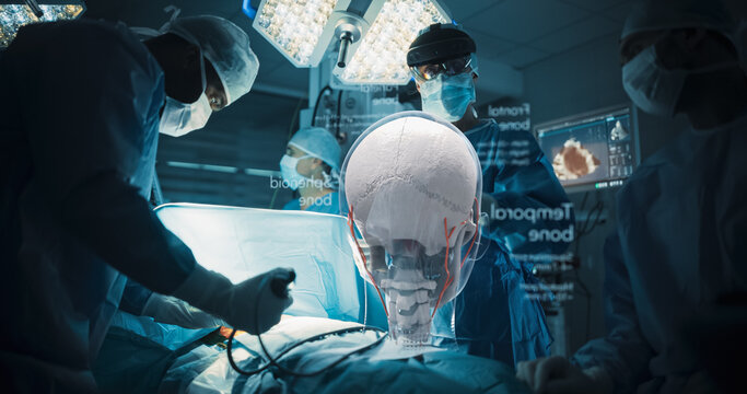 In a Sterile Operating Room, Surgeons Use Advanced Holographic Displays to Enhance Precision in Brain Surgeries, Revolutionizing Chronic Disease Management With  Medical Technology.