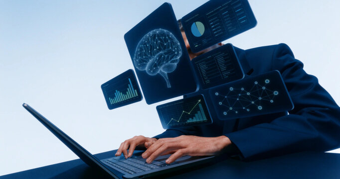 Businessman typing on laptop screen with floating digital brain graphics and analytics charts. Corporate user operating laptop computer surrounded by floating financial data UI elements