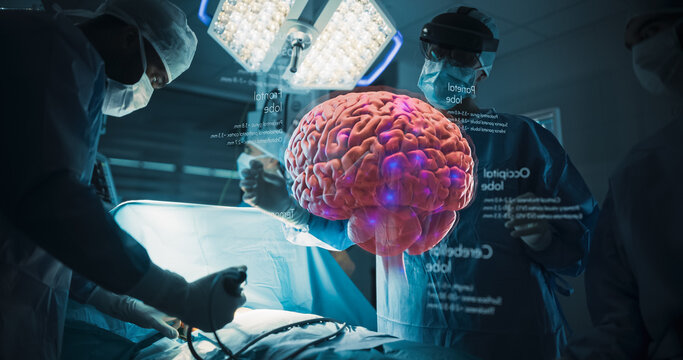 Futuristic Hospital Operating Room Surgery Using Holographic Augmented Reality. Surgeon in an Ar Headset Examines a Glowing 3d Hologram of a Human Brain, Treating Parkinson's and Cancer