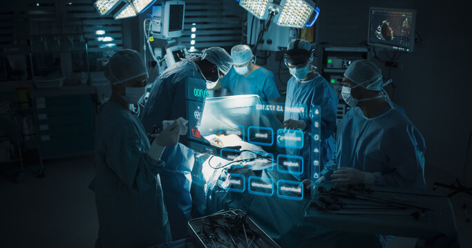 Hospital Operating Room Surgery Using Holographic Augmented Reality. Surgeon in an Ar Headset Taps a Floating Control Panel Beside Heart Echo Scans While Treating Valve Disease and Aneurysm.