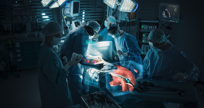 Futuristic Hospital Operating Room Surgery Using Holographic Augmented Reality. Team in Ar Glasses Guides Instruments Through a Projected Lung Hologram to Cure Lung Cancer and Severe Emphysema.