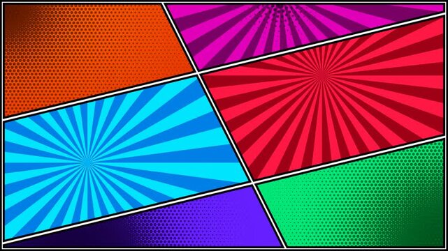Comic book page template with colorful blank panels and halftone sunburst pop art backgrounds