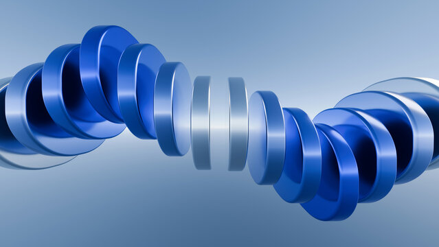 Abstract 3D blue metallic disc spiral render, perfect for tech website backgrounds, data science presentations, and modern corporate branding
