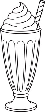 A black and white line drawing of a tall milkshake glass topped with whipped cream and a straw.
