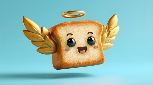 Toasted bread angel halo wing floats above blue background, creating joy