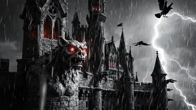 Gothic castle on cliff during thunderstorm with ravens flying