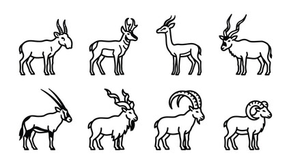 Fototapeta premium Collection of Diverse Antelope and Goat Illustrations: A graphic collection featuring eight distinct line-art illustrations of various antelope and goat species.