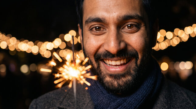 Happy man holding sparkler with bokeh lights at night celebration