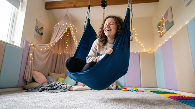Happy girl swinging in blue sensory swing in cozy autism friendly room