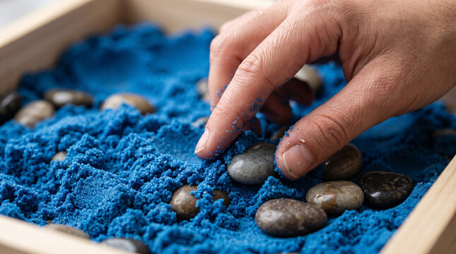 Hand touching blue kinetic sand with stones in wooden sensory therapy box