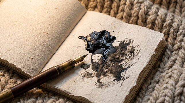 Ink blot on notebook page with fountain pen symbolizing adhd mistakes and frustration