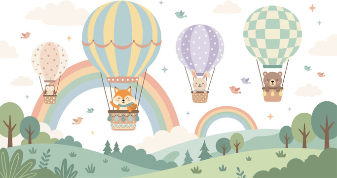 Cute animals in hot air balloons with rainbows and rolling hills landscape