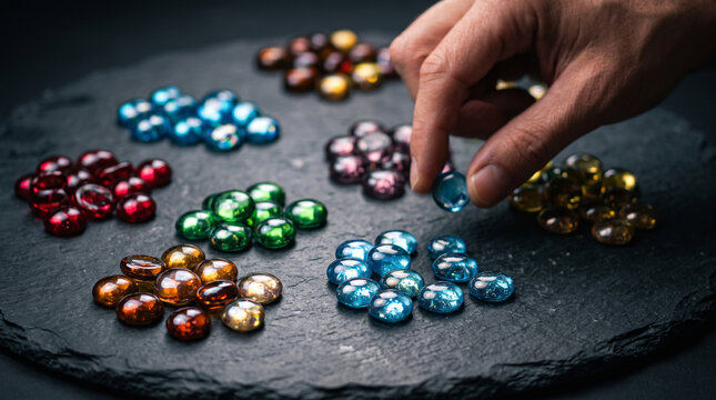 Hand selecting colorful glass gems from sorted groups on dark slate surface