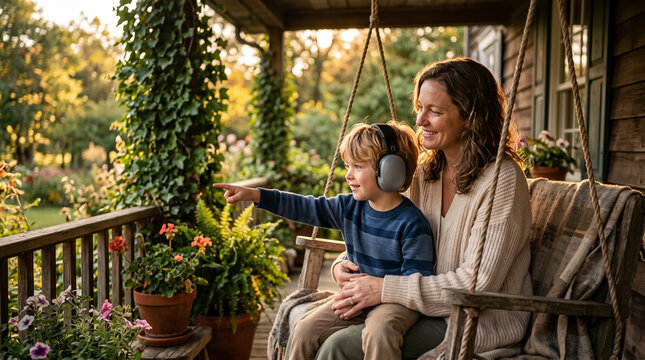 Mother and child with noise cancelelling headphones sitting on porch swing in garden