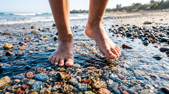 Bare feet walking on wet pebbles at the beach representing autism sensory integration