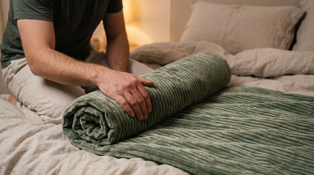 Person rolling green weighted blanket on bed for autism sensory comfort