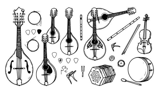 Hand Drawn String Instrument Sketch Set - Mandolin, Violin and Flute Vector Illustration