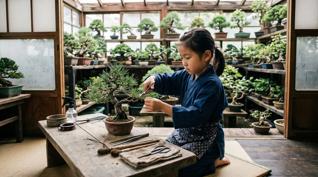 Young gifted girl practicing bonsai art in traditional japanese greenhouse