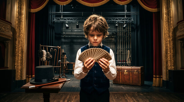 Young boy magician holding playing cards on theater stage with magic props