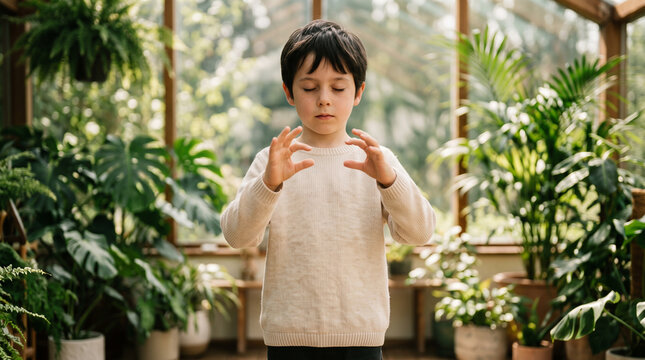Gifted young boy meditating with focused hands in plant-filled greenhouse