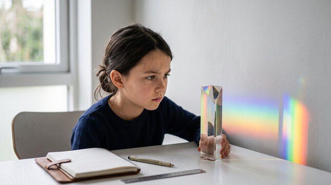 Gifted young girl observing light refraction and rainbow spectrum from glass prism