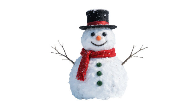 Happy snowman with black top hat and red scarf, isolated on transparent background
