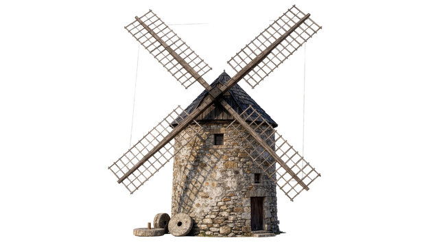 Rustic stone windmill with wooden sails and millstones, isolated on transparent background