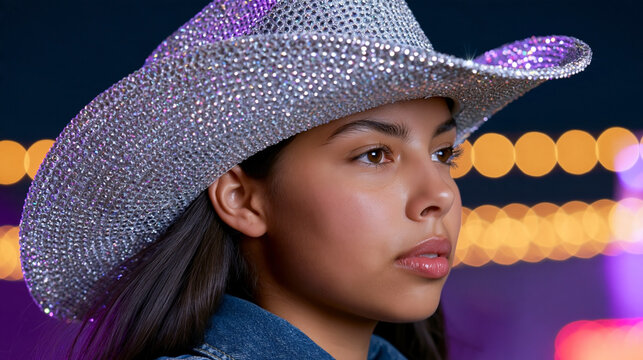 Bedazzled cowboy hat covered with sparkling rhinestones worn by stylish young woman against colorful blurred lights at night