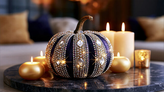 Bedazzled pumpkin decorated with sparkling rhinestones surrounded by glowing golden candles in an elegant dark interior