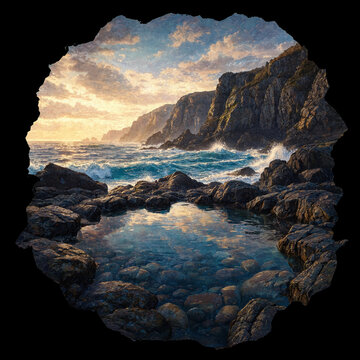 Rocky cove with tidal pool and dramatic sky coastal scenery rocky shore tide pool crashing waves ocean waves seascape landscape shoreline wilderness reflection tranquil environment