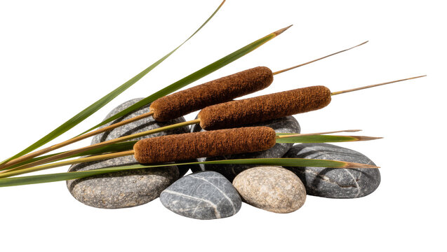 Brown cattail seed heads and green reeds resting on smooth river stones, isolated on transparent background