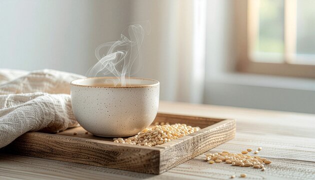 Steaming bowl of hot grain beverage on a wooden tray in a bright, minimalist setting