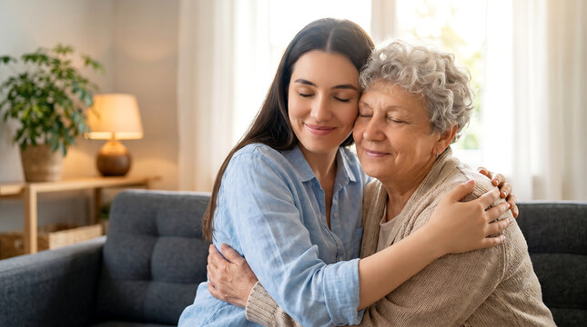 Young woman hugging her elderly mother with love and tenderness at home