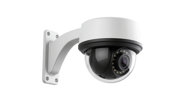 White dome security camera with IR LEDs mounted on a bracket, isolated on transparent background