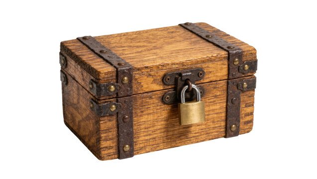 Antique wooden treasure chest with metal straps and padlock, isolated on transparent background