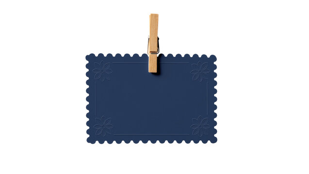 Dark blue decorative postcard with embossed flowers held by wooden clothespin, isolated on transparent background