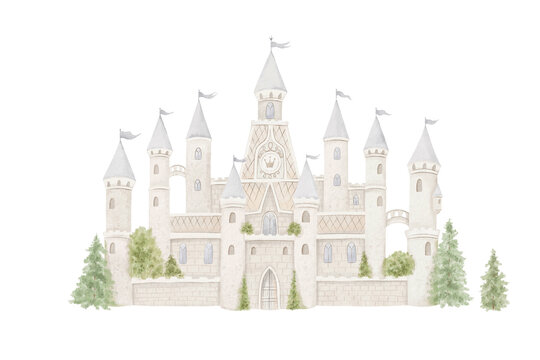 Watercolor cute castle with trees and bushes. Handmade isolated template kingdom for your delicate design wallpapers, background, mural for kids room or cartoon illustrations, posters, covers. 