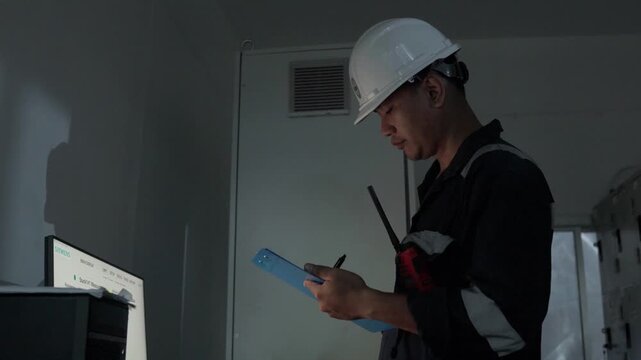 Footage engineer using computer check analysis continuous emissions monitoring system for air pollution reduction. Sustainable environment technology data information Concept energy saving, control